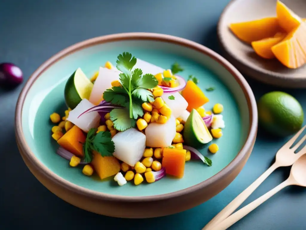 Una obra maestra de la fotografía gastronomía peruana con ingredientes autóctonos en vibrantes colores y texturas