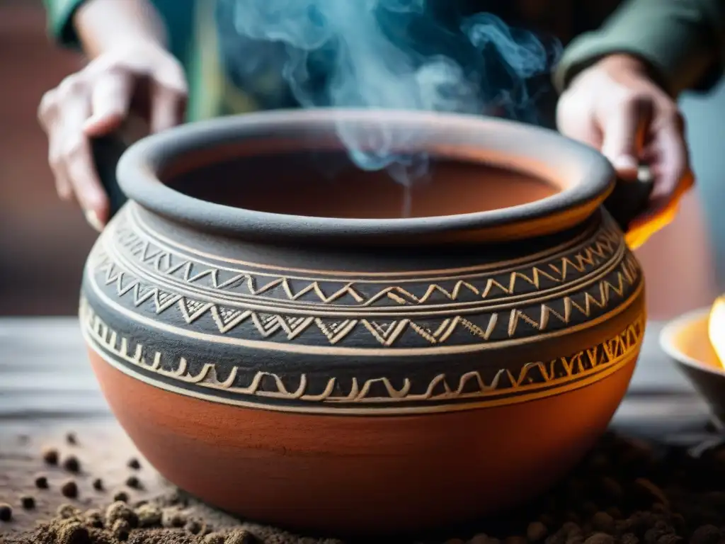 Una olla de barro de la cocina peruana, detallada y con historia, mostrando patrones y capas de sazón oscurecidas