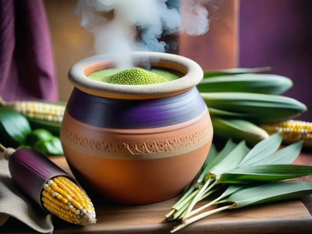 Una olla de barro peruana llena de chicha fermentando, rodeada de hojas y granos de maíz en una cocina animada