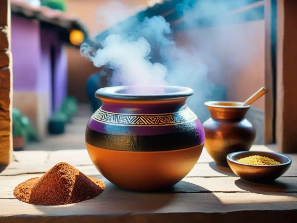 Una olla de barro peruana llena de chicha fermentando, con ingredientes coloridos resaltando los beneficios de fermentación en cocina peruana