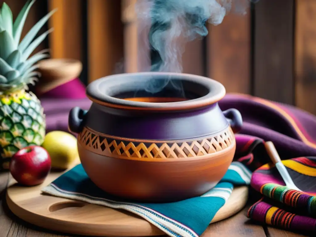 Una olla de barro peruana llena de chicha morada, decorada con frutas y canela, sobre una mesa de madera colorida