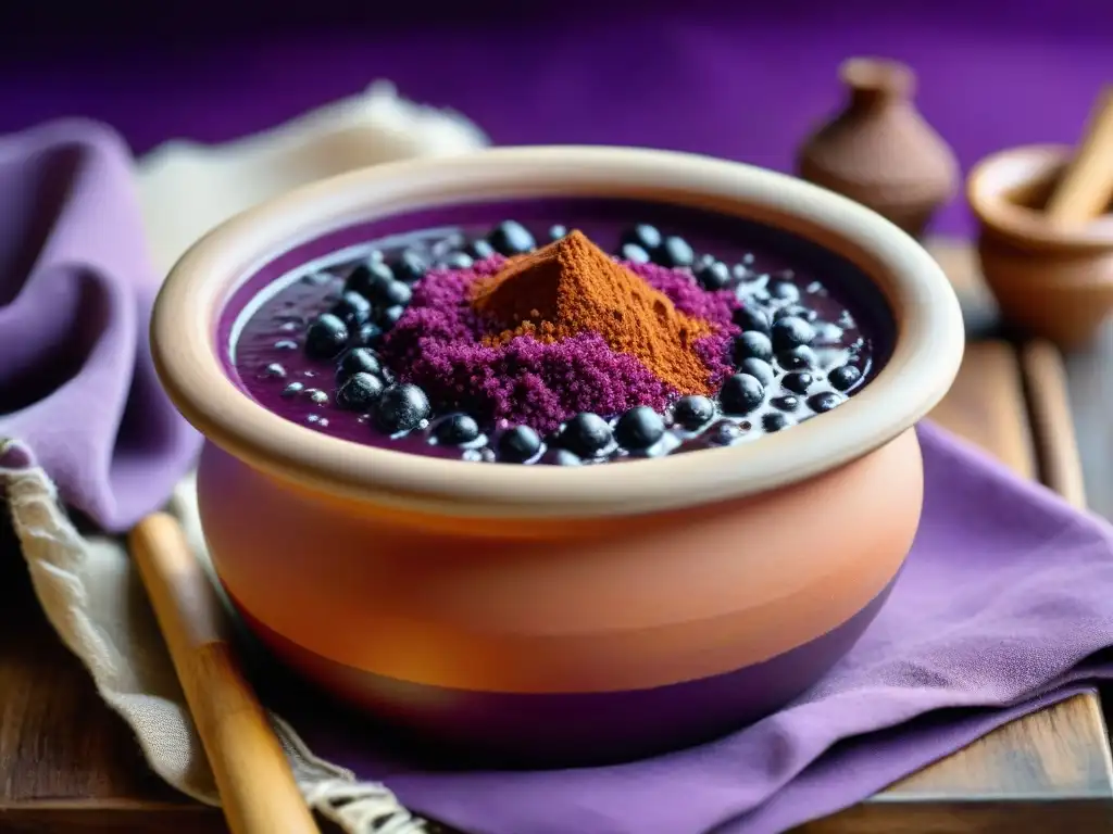 Una olla de barro peruana llena de Mazamorra Morada casera, destacando su color púrpura vibrante, adornada con canela y maíz morado