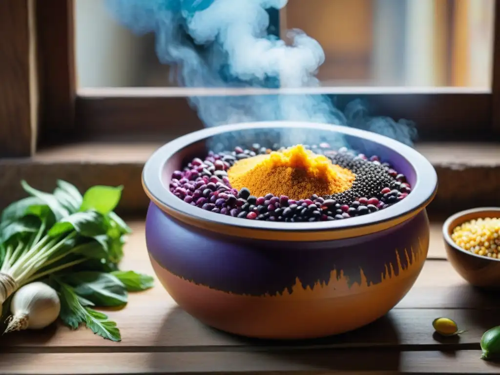 Una olla de barro peruana llena de ingredientes fermentados coloridos como maíz morado, quinua y verduras, iluminada por luz natural