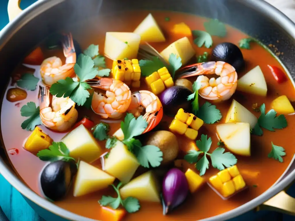 Una olla burbujeante de Chupe de Camarones, resaltando colores y texturas vibrantes de este guiso peruano