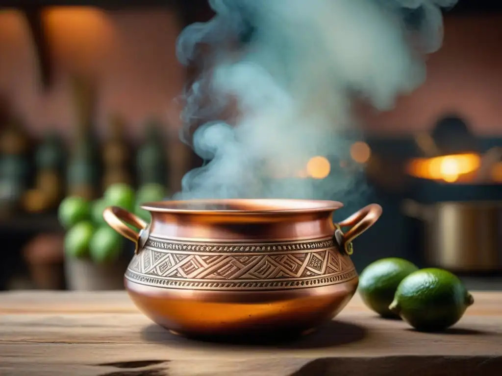 Una olla de cobre peruana con historia, reflejos y texturas únicas, iluminada naturalmente