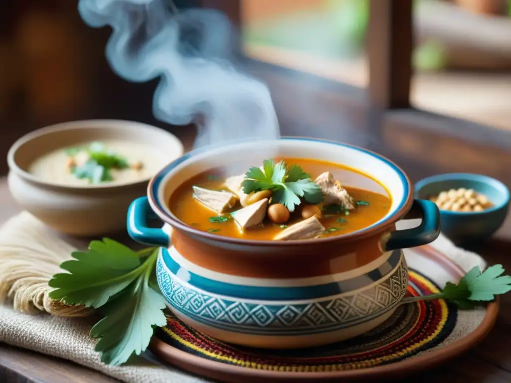 Una olla peruana con Sopa de Inchicapi con maní, decorada con cilantro fresco y trozos de pollo, en una cocina andina colorida