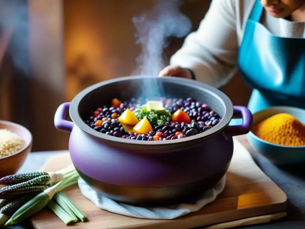 Una olla peruana tradicional con ingredientes coloridos cocinándose a baja temperatura, rodeada de una cocina rústica