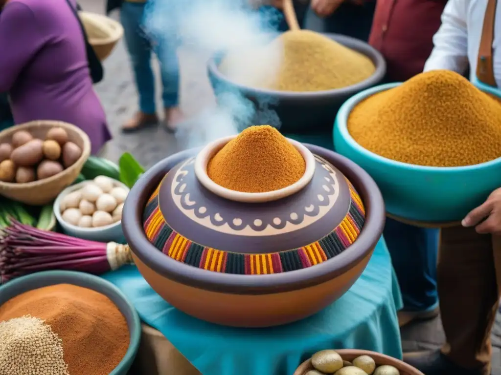 Una olla peruana tradicional llena de ingredientes coloridos en un mercado de Lima, mostrando la auténtica comida prehispánica en la ciudad