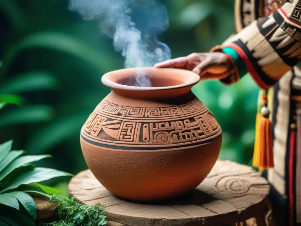 Una olla precolombina con patrones geométricos y símbolos, resalta la artesanía y técnicas precolombinas gastronomía sostenible en la selva