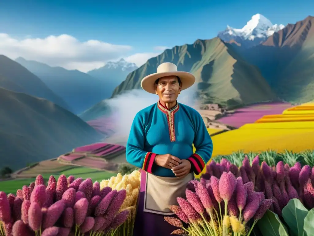 Orgulloso agricultor peruano en campo de quinua, con cultivos autóctonos y los Andes al fondo