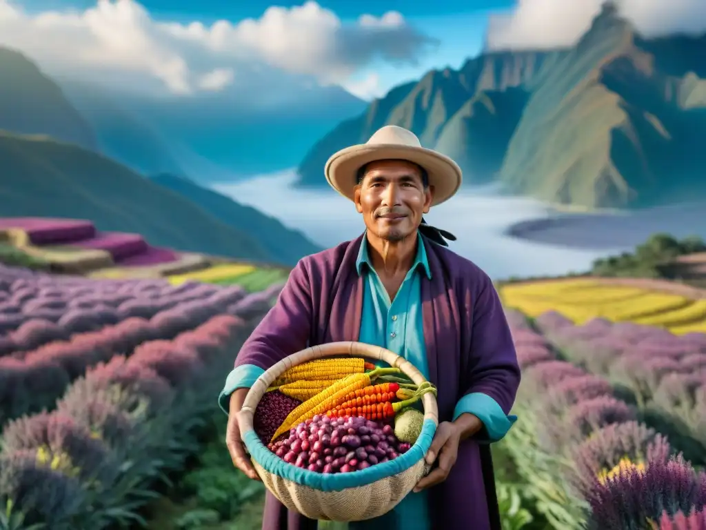 Un orgulloso agricultor peruano sostiene una cesta llena de ingredientes autóctonos en un campo vibrante