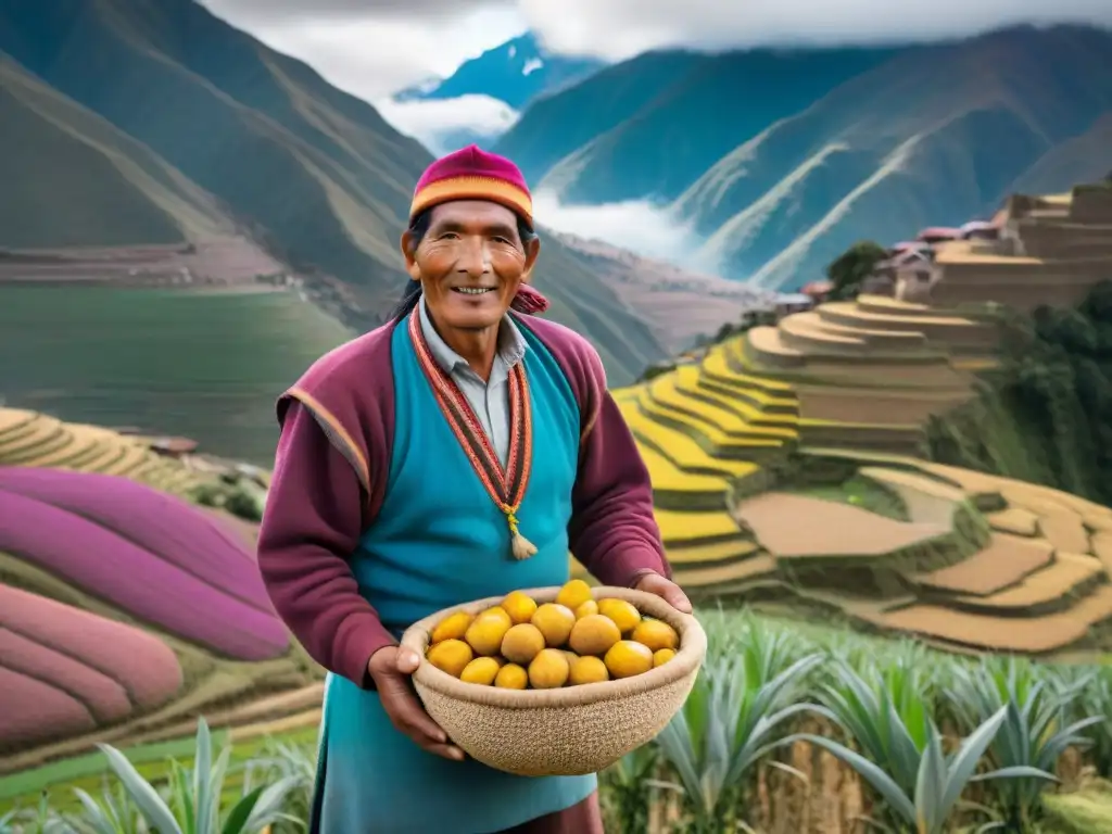 Un orgulloso agricultor peruano muestra ingredientes autóctonos en los Andes