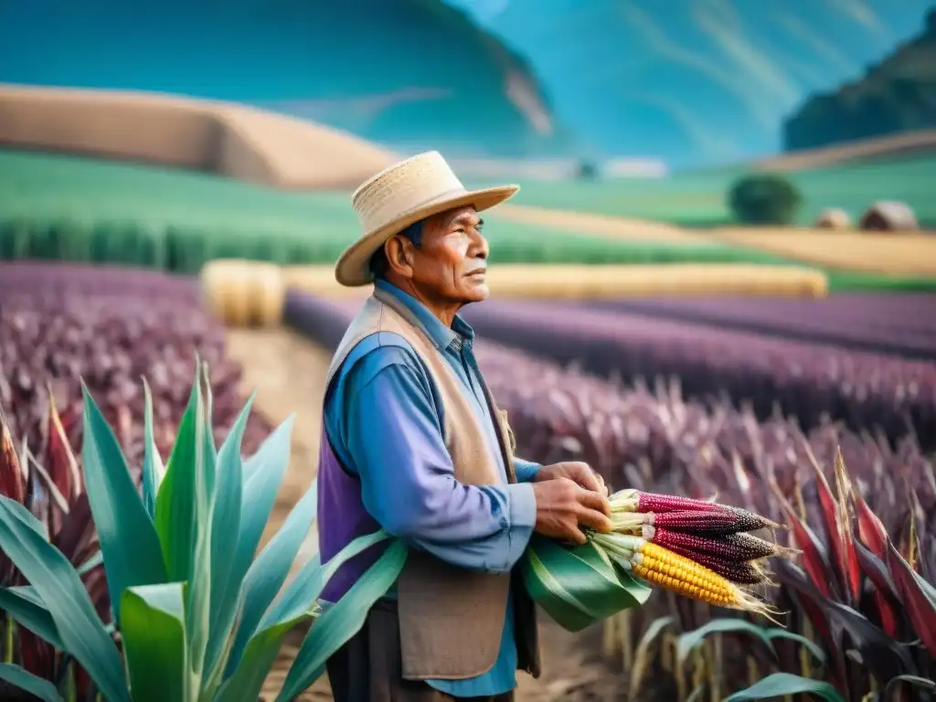 Un orgulloso agricultor peruano muestra mazorcas de maíz morado en campos verdes, reflejando los beneficios del maíz morado peruano