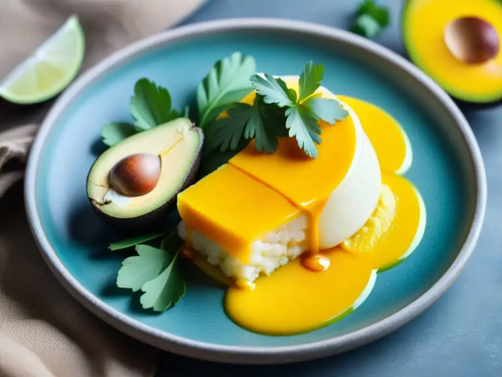 Origen y evolución de la causa limeña: Detalle de un plato tradicional peruano con causa amarilla, aguacate y papas amarillas