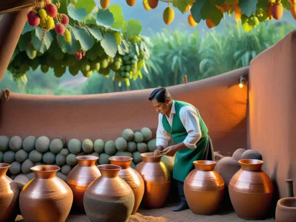 Origen y elaboración del pisco: Destilería tradicional peruana al atardecer, reflejando la artesanía y herencia cultural en la producción de pisco