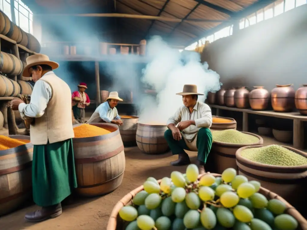 Origen y elaboración del pisco: Destilería tradicional peruana con alambiques de cobre relucientes y trabajadores atentos