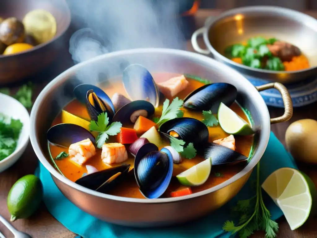 Una paila peruana tradicional cocinando un guiso de mariscos vibrante, con vapor y ambiente culinario auténtico