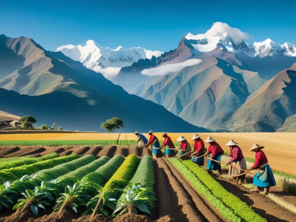 Paisaje de los Andes con agricultores cosechando cañihua