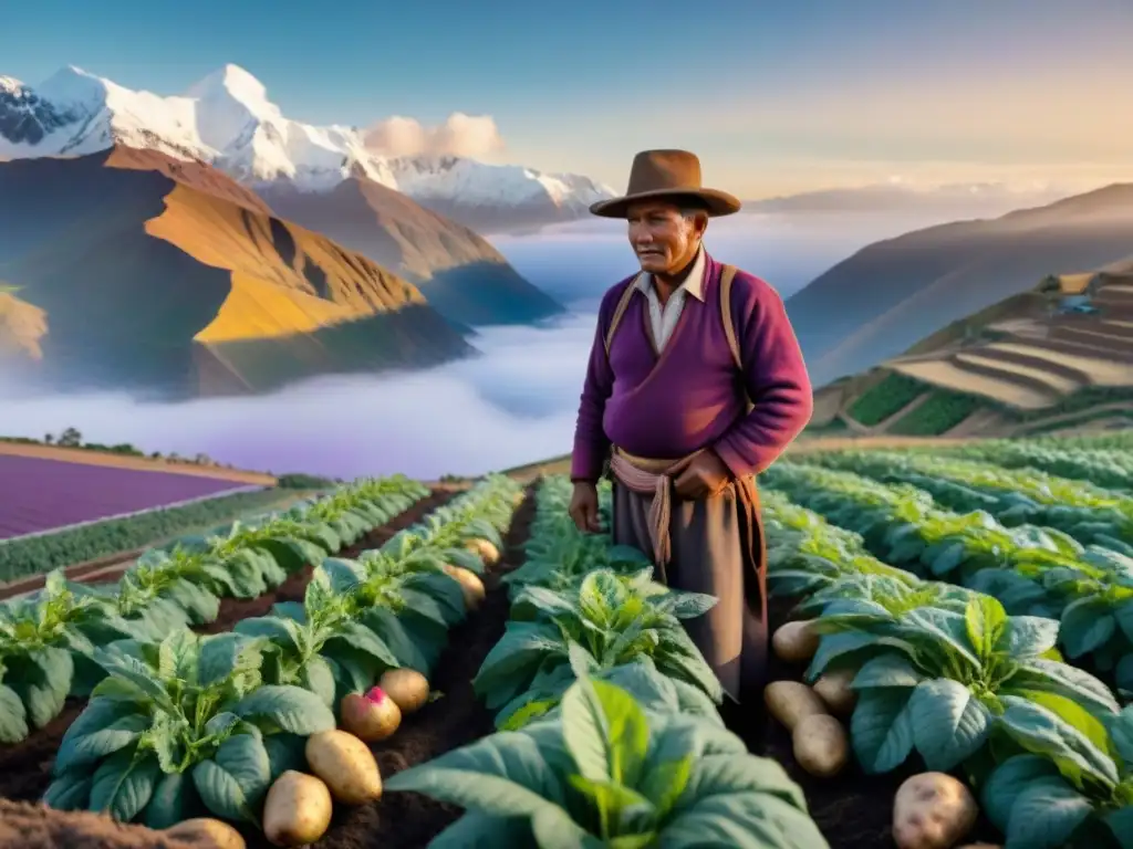 Un paisaje andino al amanecer con cultivos de papas nativas en vibrantes colores, y un agricultor Quechua