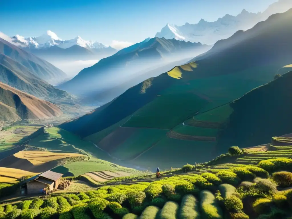 Un paisaje andino con beneficios saludables: terrazas, mashua verde y un agricultor peruano