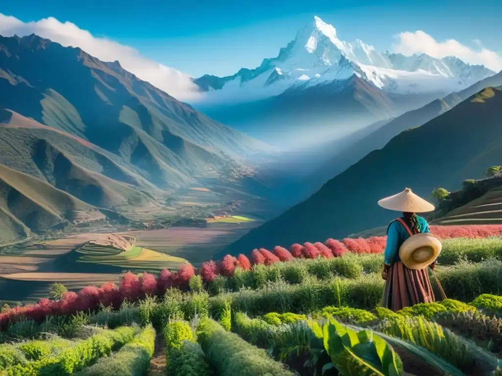 Paisaje andino con campos de quinua coloridos y agricultura sostenible, beneficios supergranos andinos sostenibilidad