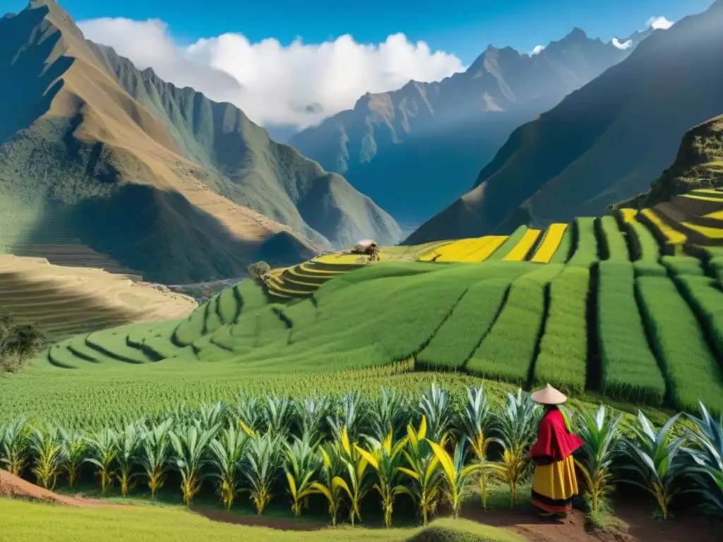 Un paisaje andino exuberante con agricultor peruano cosechando cancha serrana