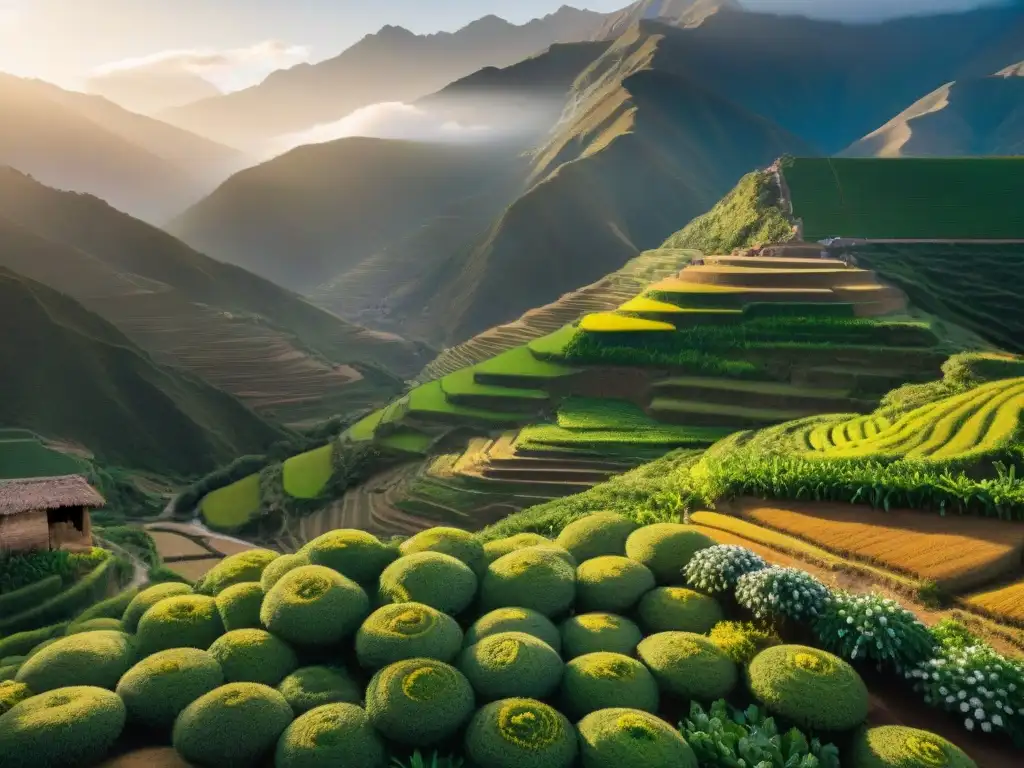 Un paisaje andino exuberante con campos de cañihua, donde agricultores indígenas cuidan las plantas