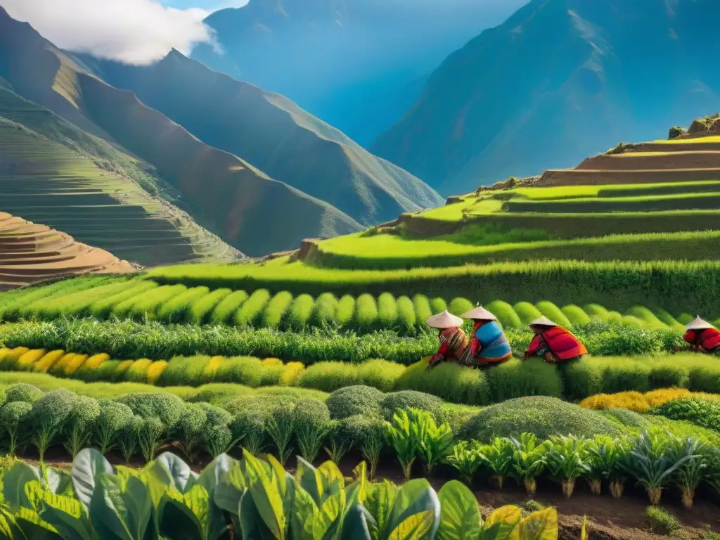 Kiwicha ancestral: cultivo en los Andes Un paisaje andino exuberante con cultivos de kiwicha, agricultores indígenas y beneficios de la kiwicha andina