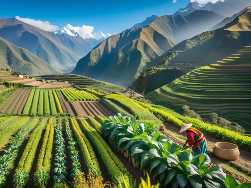 Un paisaje andino exuberante con cultivos de cañihua y agricultores locales en un día soleado