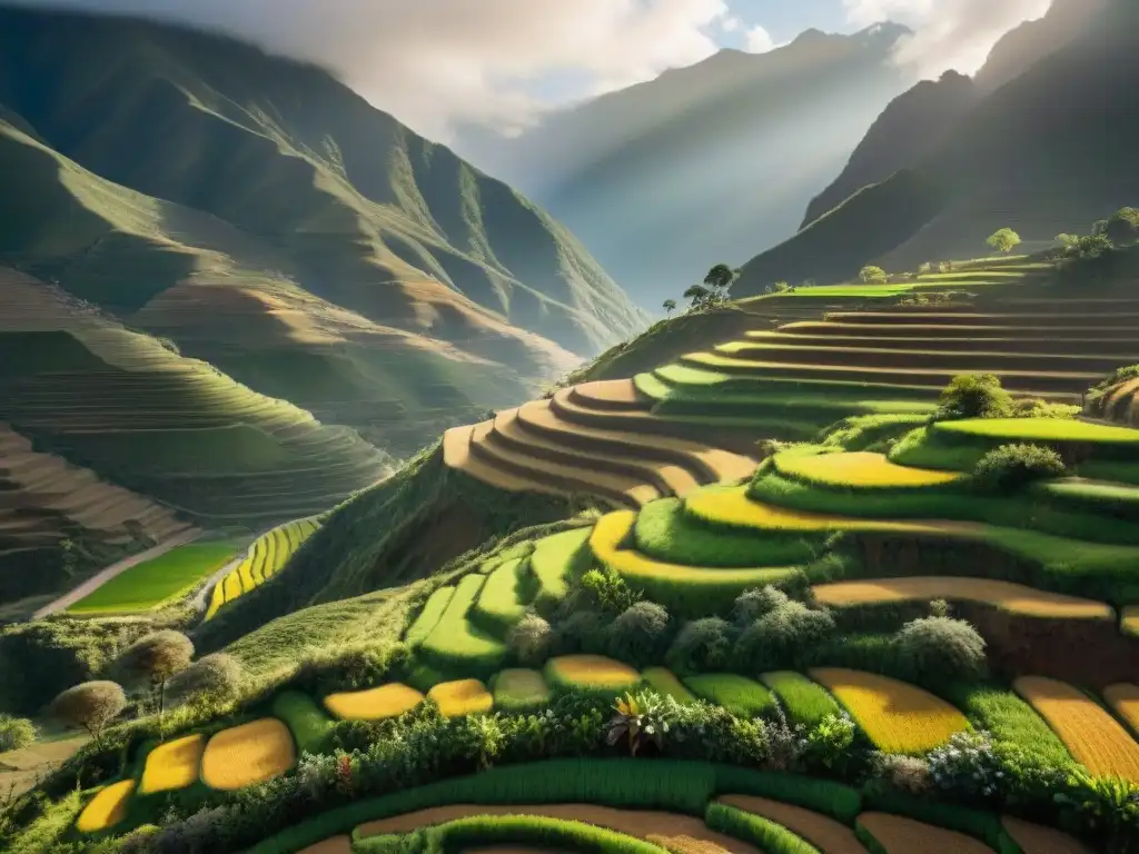 Un paisaje andino exuberante con plantas de mashua vibrantes, reflejando la agricultura sostenible de la región