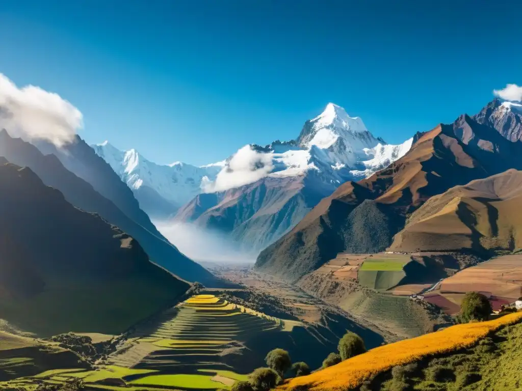 Paisaje andino majestuoso con picos nevados y cultivos andinos para nutrición saludable