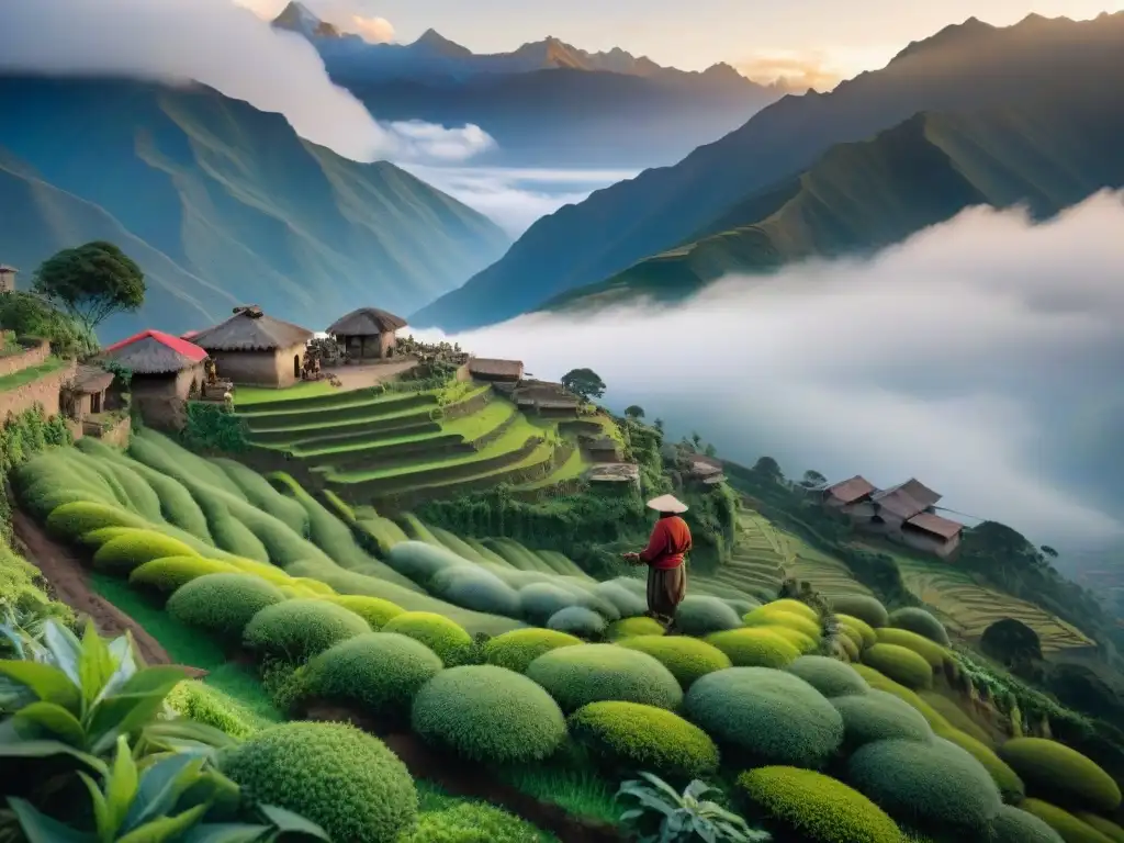 Un paisaje andino místico al amanecer, donde un agricultor recolecta anís estrellado con reverencia