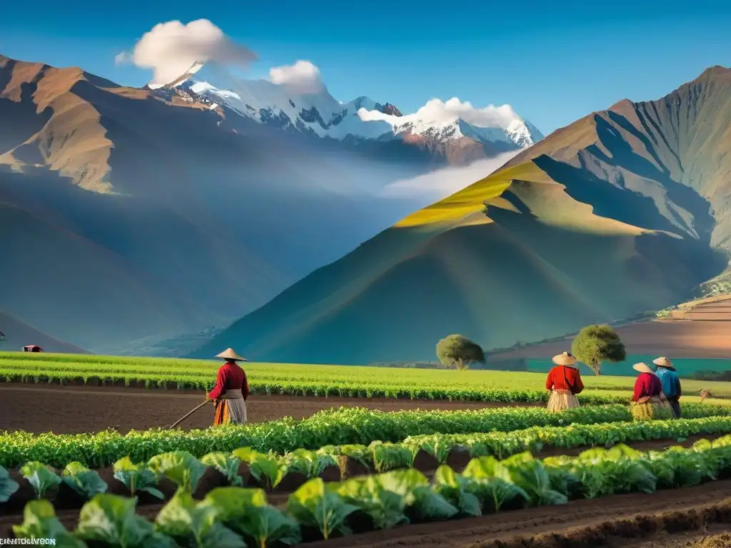 Un paisaje andino pintoresco con campos de yacón y agricultores locales en vestimenta tradicional