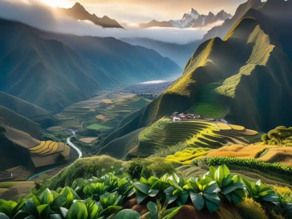 Paisaje andino sereno al atardecer, con picos nevados y plantas de muña