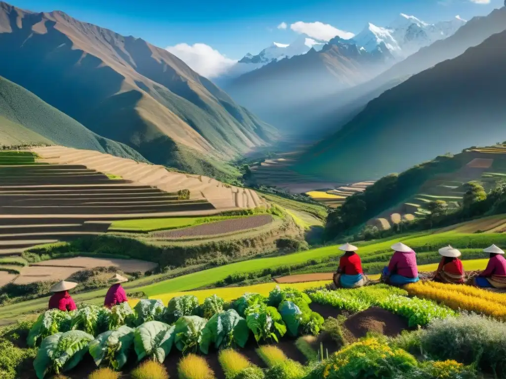 Paisaje Andino con terrazas de kiwicha, quinoa y maca, agricultores indígenas y picos nevados, resaltando Cultivos Andinos Menos Conocidos