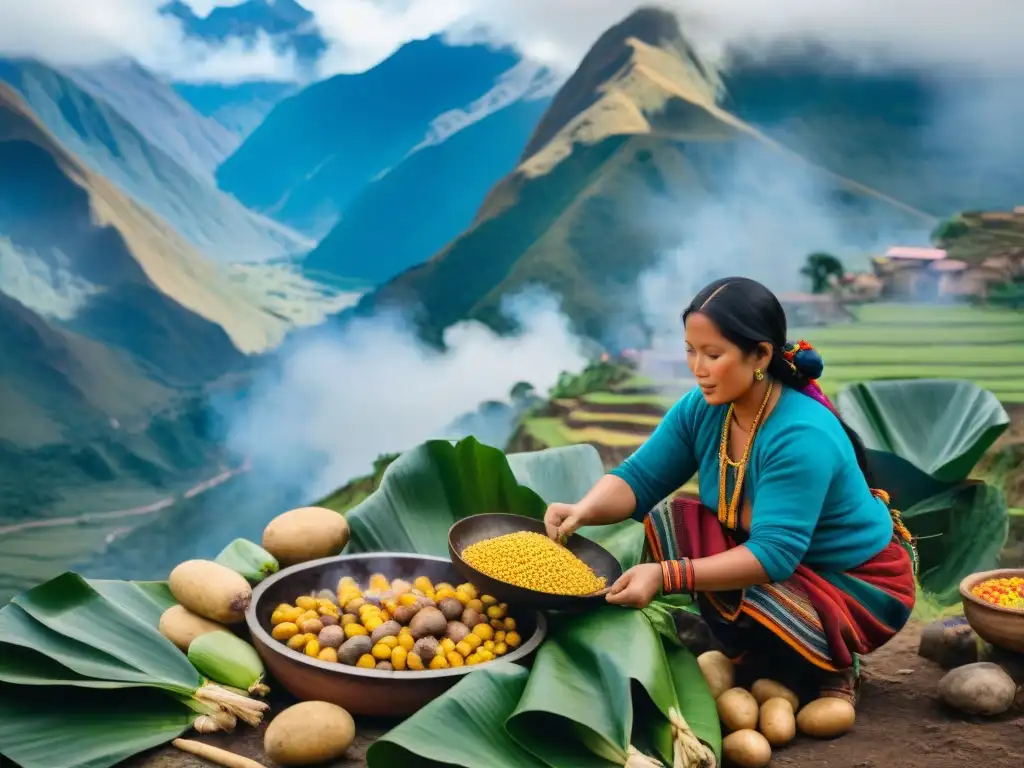 Un paisaje andino tradicional con el método de cocción con huatia, mujeres que cocinan y montañas imponentes al fondo