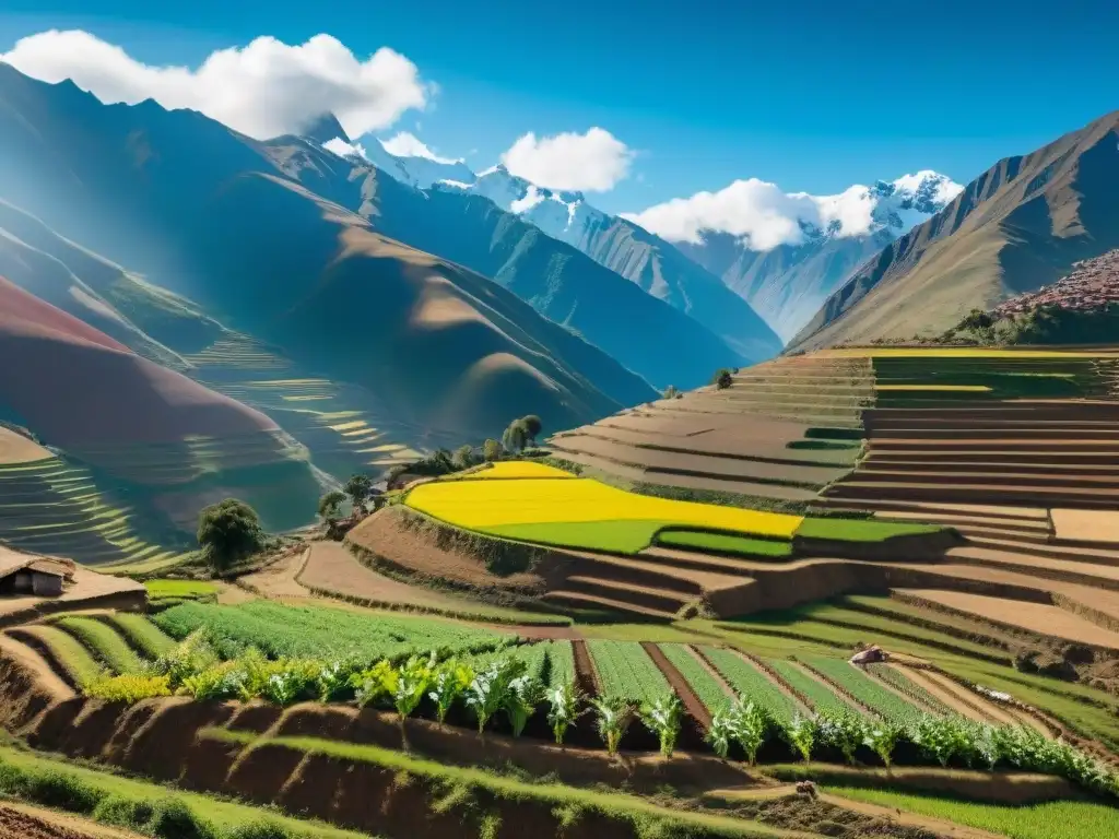 Paisaje andino en Perú con variedades de papas en terrazas, montañas nevadas y agricultores en sus campos