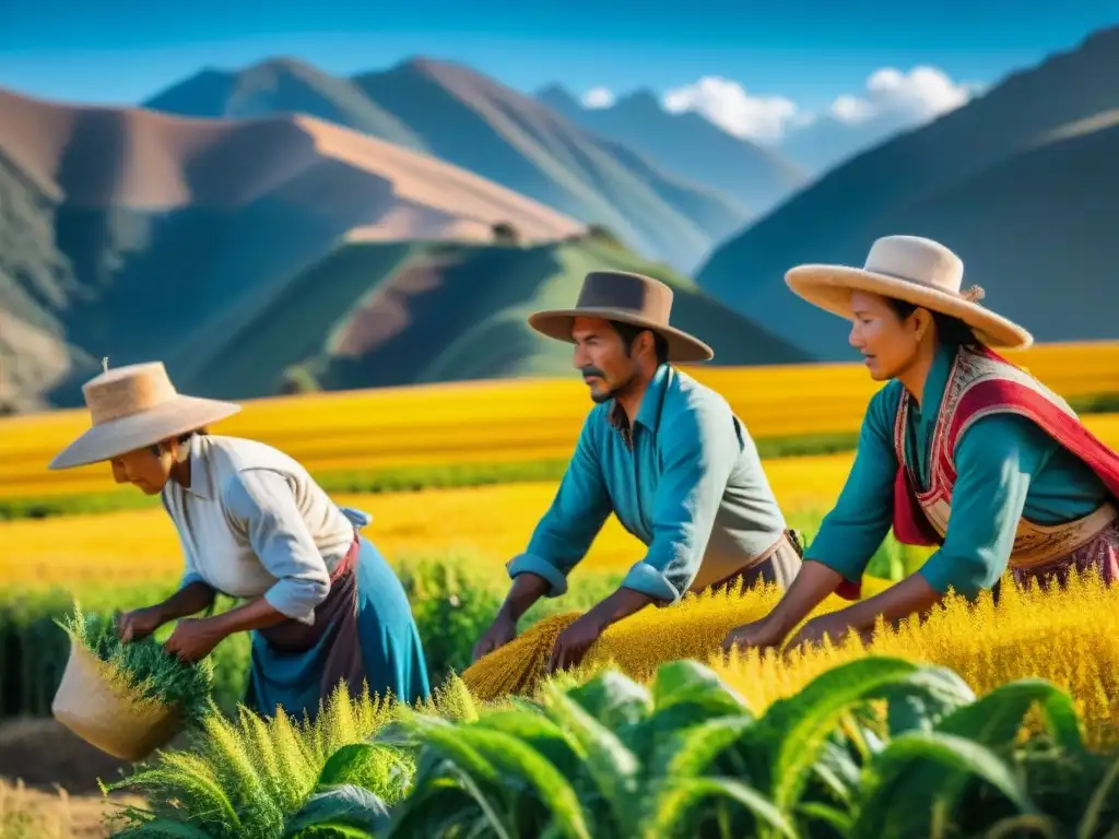 Paisaje andino vibrante con agricultores cosechando quinua