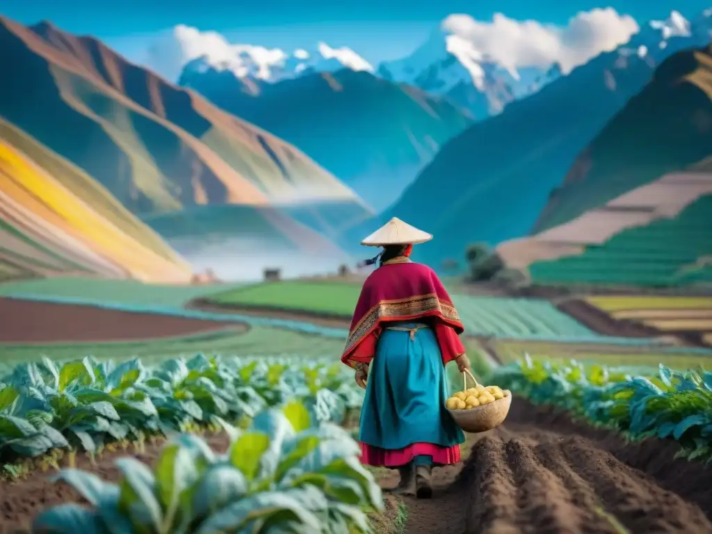 Un paisaje andino vibrante con campos de papas y agricultores en vestimenta tradicional, bajo un cielo azul