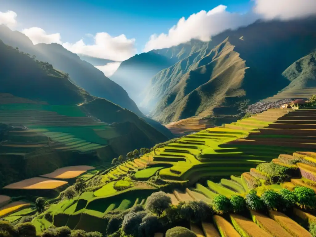 Un paisaje andino vibrante con campos de lúcuma, un granjero cosechando frutas maduras