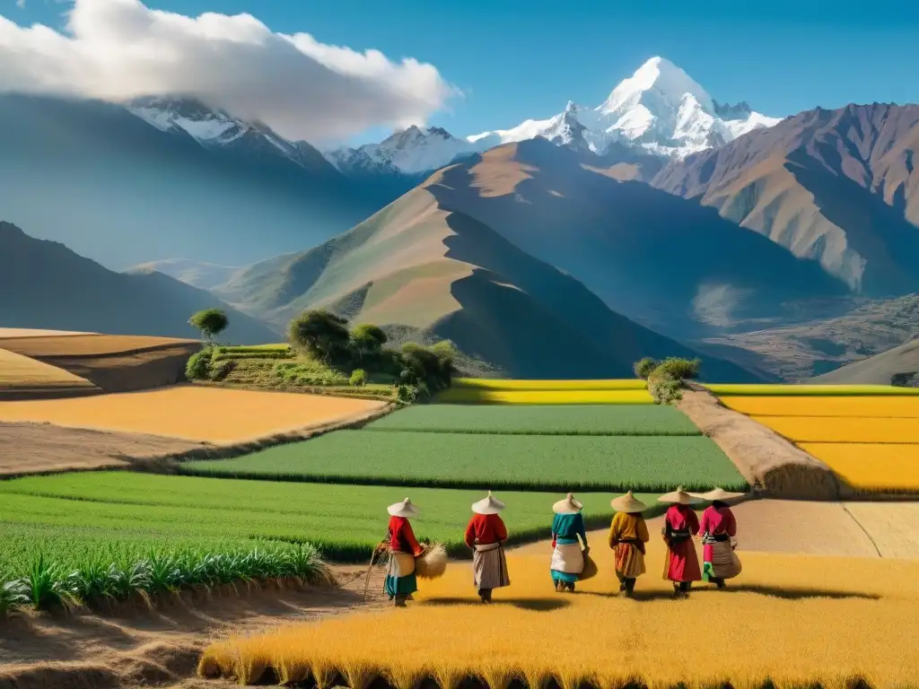 Un paisaje andino vibrante de campos de cañihua, donde agricultores cosechan el supergrano