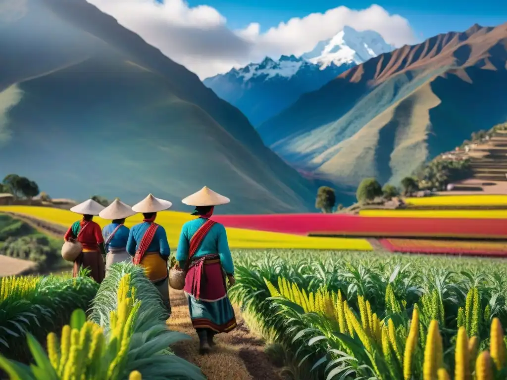 Un paisaje andino vibrante con campos de quinua coloridos