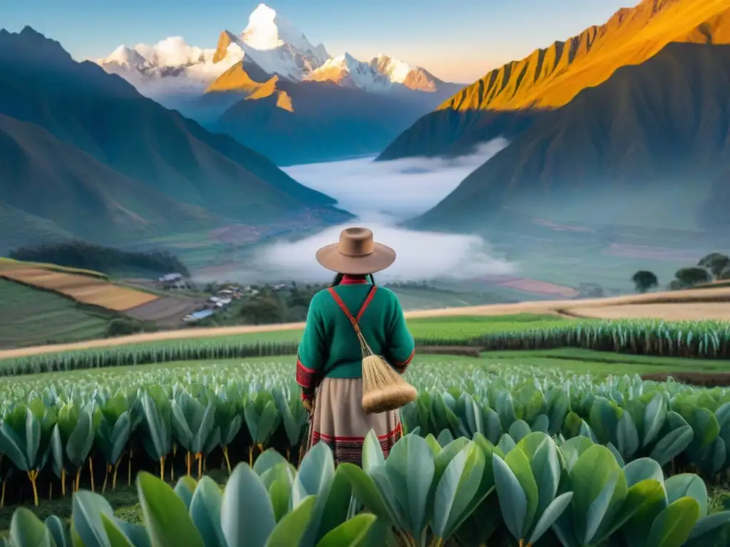 Alba en los Andes: cosecha de kiwicha en paisaje vibrante Un paisaje andino vibrante al amanecer con una plantación de kiwicha, resaltando los beneficios de la kiwicha andina