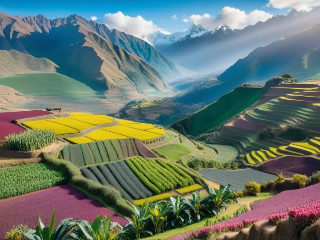 Un paisaje andino vibrante con terrazas de quinua, maíz morado y papas, agricultores indígenas y biodiversidad