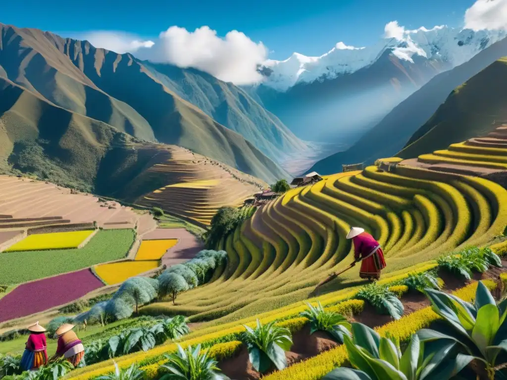 Un paisaje Andino vibrante con terrazas de cultivo y agricultores locales en Perú