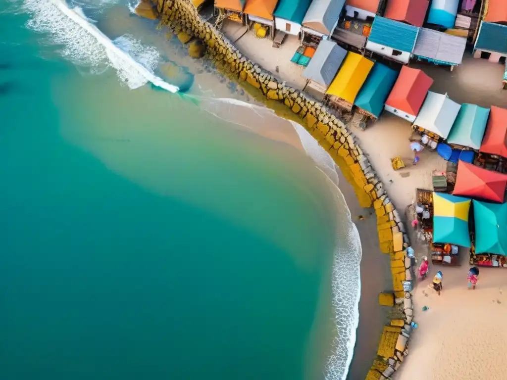 Paisaje costero peruano vibrante con pescadores, mercados de mariscos y mujeres preparando ceviche en la playa