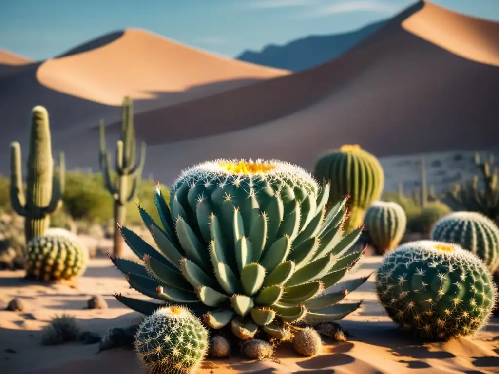 Un paisaje desértico en Perú con cactus y tunas vibrantes en diferentes etapas de maduración