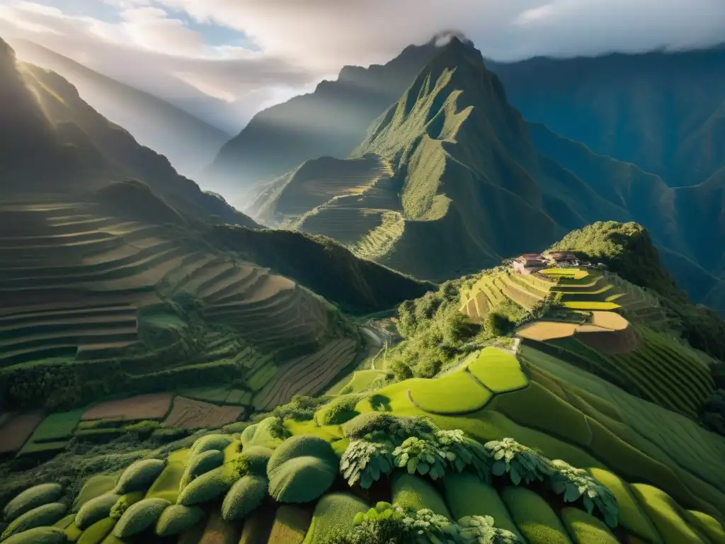 Un paisaje detallado de la exuberante ladera andina al amanecer, donde la caigua se destaca