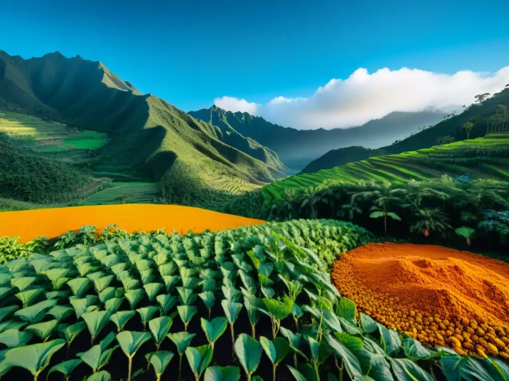 Un paisaje exuberante en Perú con campos de cúrcuma, reflejando los beneficios de la cúrcuma peruana