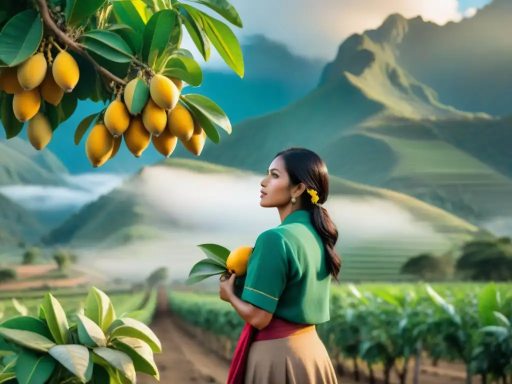 Un paisaje exuberante en un huerto peruano con árboles de lucuma cargados de frutas doradas